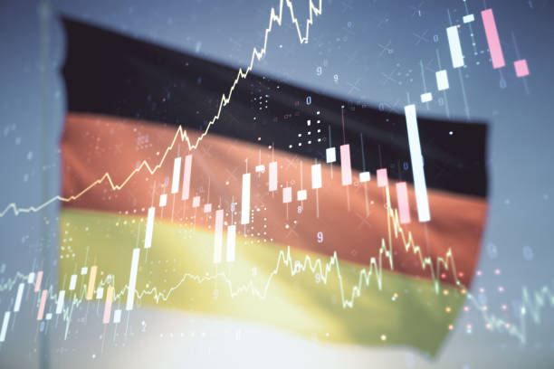 double exposure of abstract creative financial chart hologram on german flag and blue sky background, research and strategy concept - german flag imagens e fotografias de stock