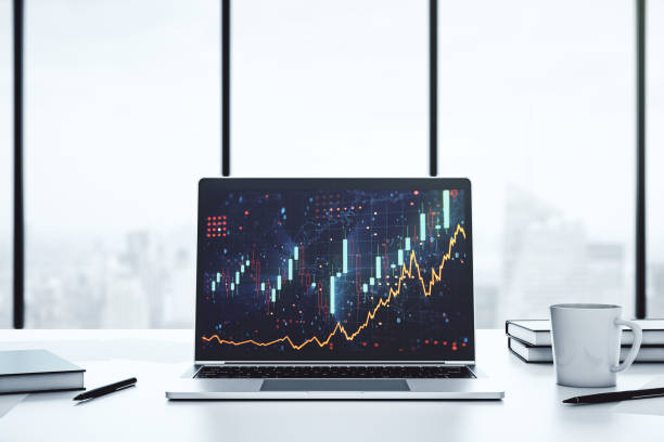 istock Modern computer monitor with abstract creative financial chart, research and strategy concept. 3D Rendering 1370497089