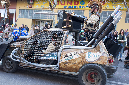 Badajoz, Spain - Feb 13, 2018: San Roque comparsas parade, motorized float. Badajoz Carnival was recently declared Festivity of International Tourist Interest