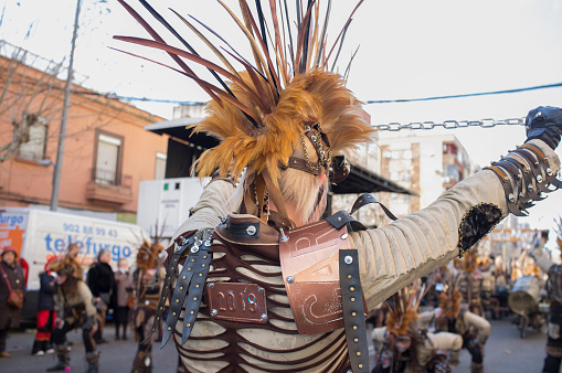 Badajoz, Spain - Feb 13, 2018: San Roque comparsas parade. Badajoz Carnival was recently declared Festivity of International Tourist Interest