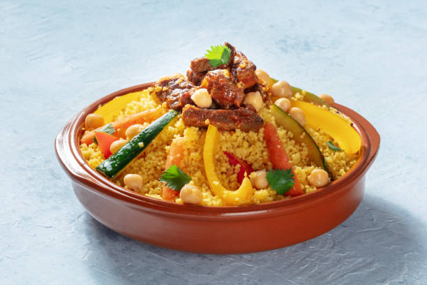 Meat and vegetable couscous in a bowl, typical food from Morocco