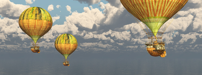 Computer generated 3D illustration with fantasy hot air balloons over the sea