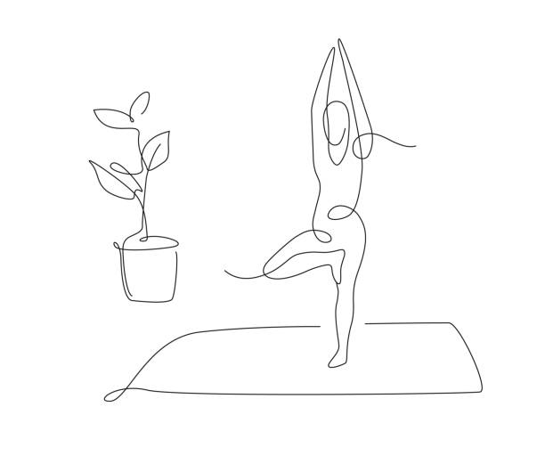 ilustrações de stock, clip art, desenhos animados e ícones de yoga asanas in one line style. simple vector pilates illustration. tree pose yoga - good posture