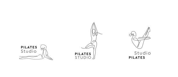 ilustraciones, imágenes clip art, dibujos animados e iconos de stock de conjunto de logotipos de yoga studio. un letrero de línea. logotipo del centro de pilates. símbolo vectorial asana. - pilates