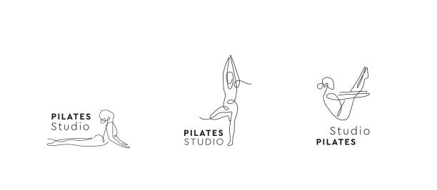 illustrazioni stock, clip art, cartoni animati e icone di tendenza di set di logo yoga studio. un segno di linea. logo del centro pilates. simbolo vettoriale asana. - pilates