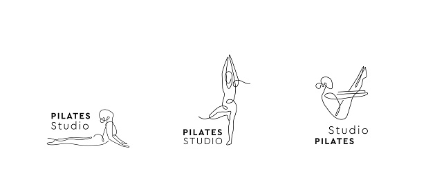 Yoga Studio Logo set. One line sign. Pilates centre logotype. Vector symbol asana.