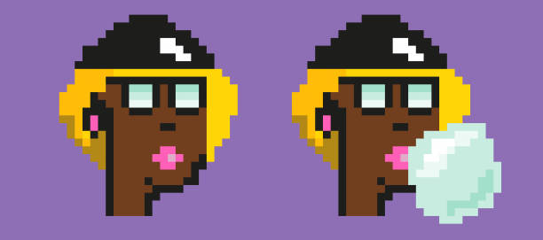 Non-fungible token. Pixel portrait Crypto NFT blockchain, non fungible token. Pixel art character non fungible token stock illustrations