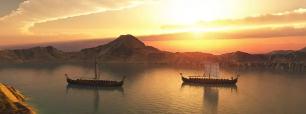 Computer generated 3D illustration with Viking ships on a river at sunset