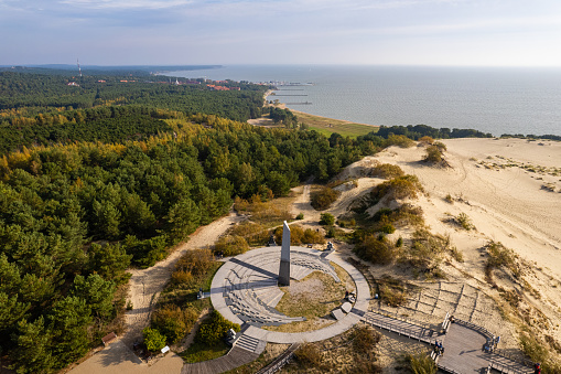 Aerial autumn fall sunrise view of Parnidis Dune in Nida, Curonian Spit, Lithuania