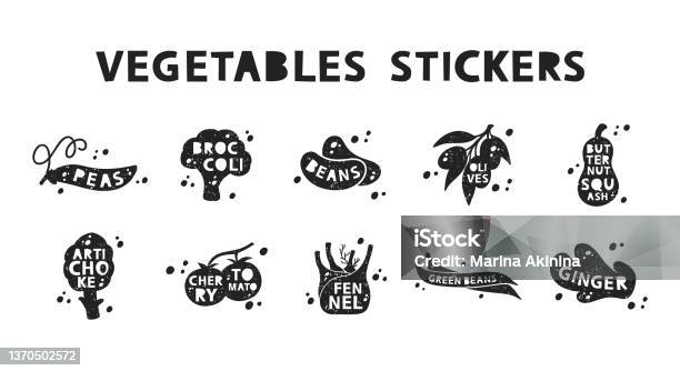 Vegetables Grunge Stickers Set Black Texture Silhouette Lettering Inside  Imitation Of Stamp With Scuffs Stock Illustration - Download Image Now -  iStock