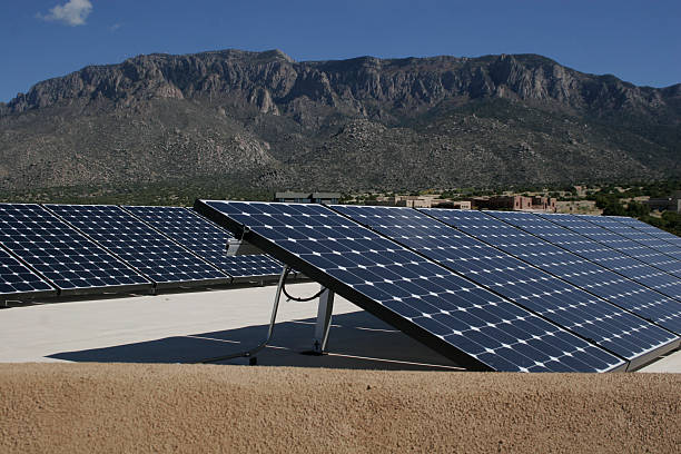 Senic view of solar panels in a mountain area stock photo