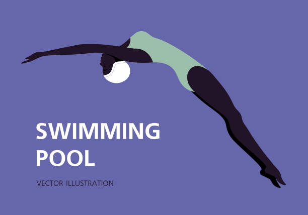 African woman in swimsuit is jumping into the water and swimming in the pool. African woman in swimsuit is jumping into the water and swimming in the pool. Water sports. Vector flat illustration women exercising swimming pool young women stock illustrations