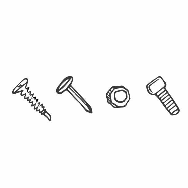 ilustrações, clipart, desenhos animados e ícones de vetor desenhado prego, parafuso e hexágono. desenho de rabisco de contorno simples isolado em fundo branco. conjunto de hardware preto-branco - hand drill work tool white white background