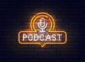 istock Podcast neon sign, bright signboard, light banner. Podcast logo neon, emblem and label. Vector illustration 1370506083