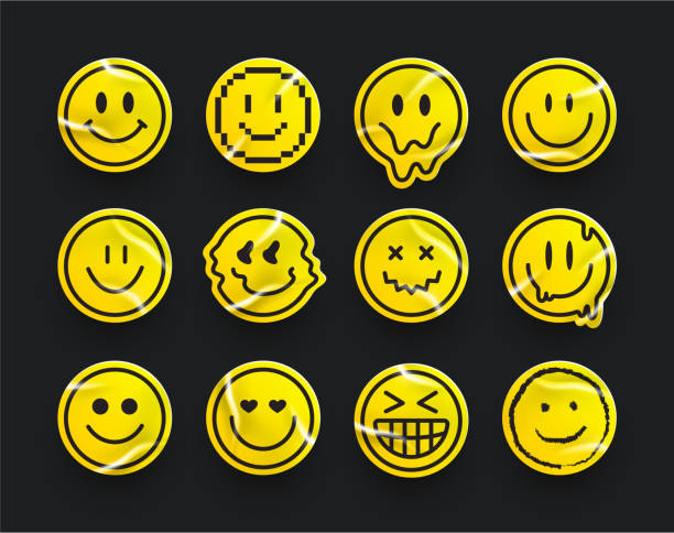 pakiet naklejek smile emojies. okrągły uśmiech. kształty naklejek do makiet projektowych. ilustracja wektorowa - drunk stock illustrations