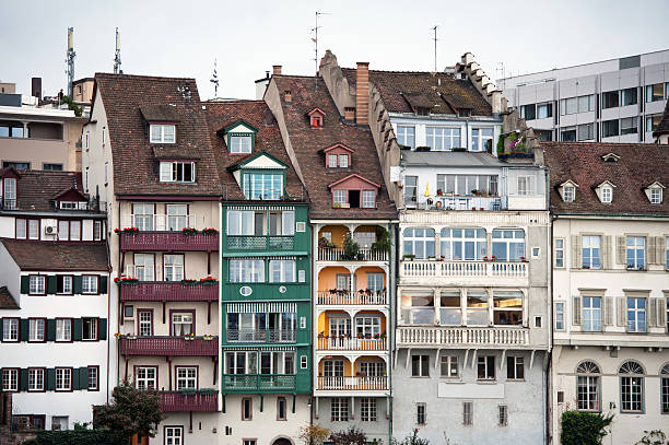 detail of waterfront houses along the Rhine River in Basel, Switzerland