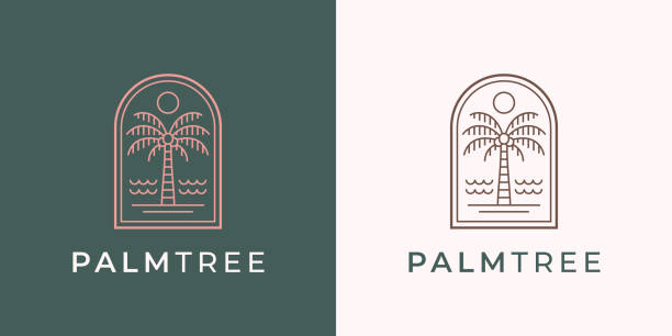 Palm tree logo line icon Palm tree line icon. Luxury beach resort symbol. Coconut tree sign. Tropical exotic paradise brand identity. Summer seascape vacation travel emblem. Vector illustration. tourist resort stock illustrations