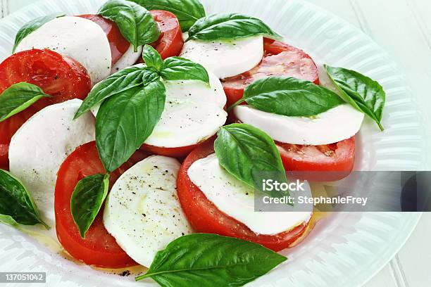 Fresh Caprese Salad On A White Plate Stock Photo - Download Image Now - Caprese Salad, Basil, Cheese