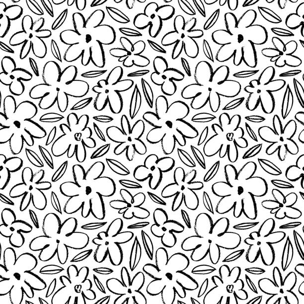 ilustraciones, imágenes clip art, dibujos animados e iconos de stock de patrón de flores dibujadas de niños sin costuras. - flower flourishes paint backgrounds