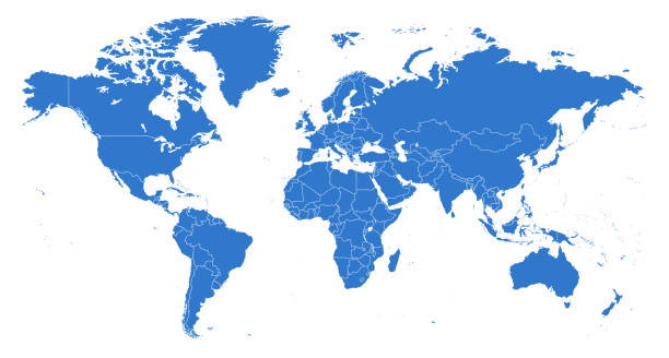 ilustraciones, imágenes clip art, dibujos animados e iconos de stock de mapa mundial seperado países azules con blanco esquema - vector