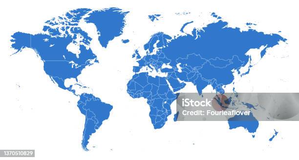 Carte Des Pays Séparés Du Monde Bleu Avec Contour Blanc Vecteurs libres de droits et plus d'images vectorielles de Planisphère