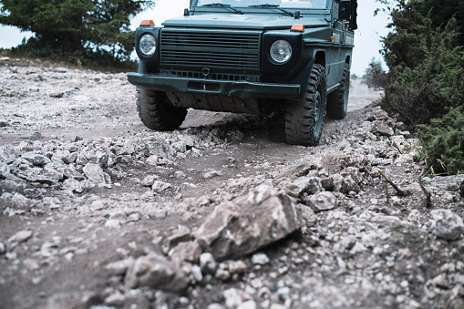Woodland Hills, United States – May 20, 2022: An off-road Axel Flex Silver jeep on the Miller Keep trail in Woodland Hills