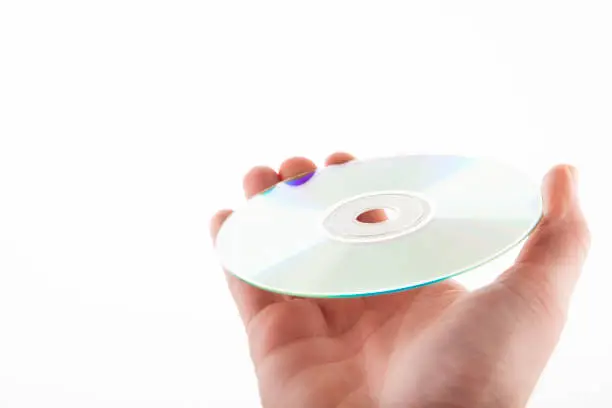 image of cd disk hand white background