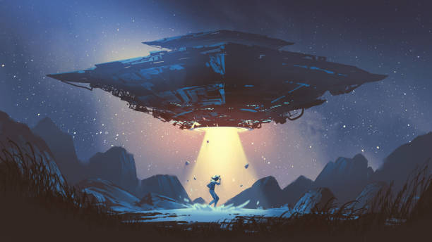 The strange experience night Sci-fi scene showing the spaceship abducting human at the night, digital art style, illustration painting extrasolar planet stock illustrations