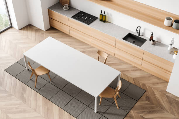 istock Bright kitchen room interior with window with countryside view, table 1370511226