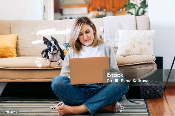 Young Woman Working From Home With A Boston Terrier Dog Freelancer Businesswoman Using Laptop At Sunny Room Student Learning And Working At Home Stock Photo - Download Image Now