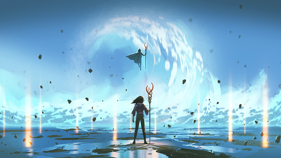 A confrontation between a hero and a villain set against the background of shore, digital art style, illustration painting