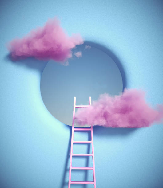 istock Ladder to a hole in a wall and pink clouds. 1370511562