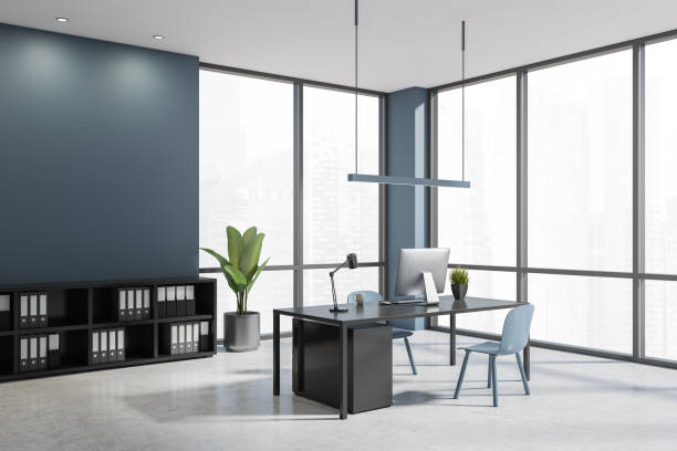 istock Panorama corner view blue and grey manager office 1370511784