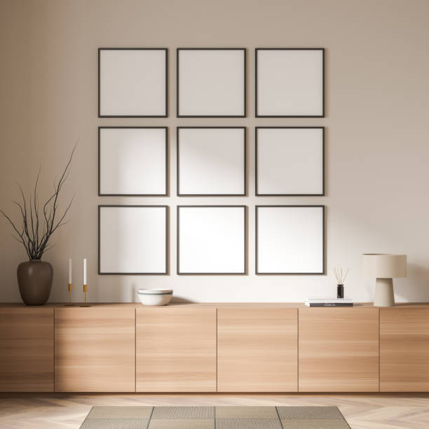 istock Light exhibition room interior with commode and decoration, mockup posters 1370512406