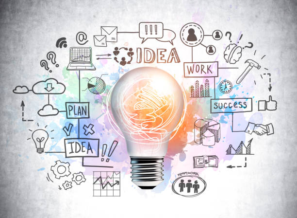 istock Colourful sketch with icons of light bulb, brain and handshake 1370512607
