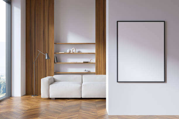 istock Bright living room interior with empty white poster, panoramic window 1370512704