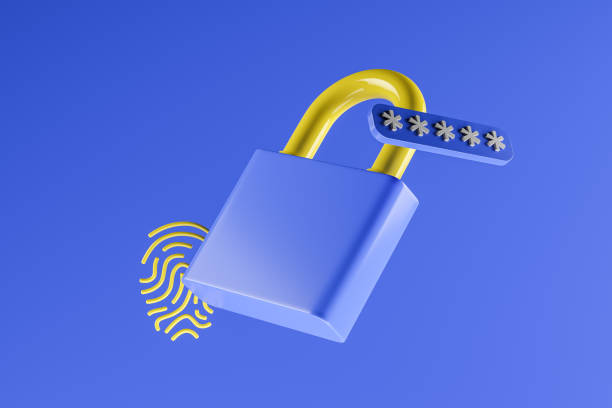 파란색 자물쇠와 노란색 지문 뒤에 공중에 떠있는. 로그인할 암호 인터페이스입니다. 사이버 보안, 데이터 보호 및 개인 정보 보호 개념, 권한 부여 및 인증. 3d 렌더링 - encryption security system security padlock 뉴스 사진 이미지