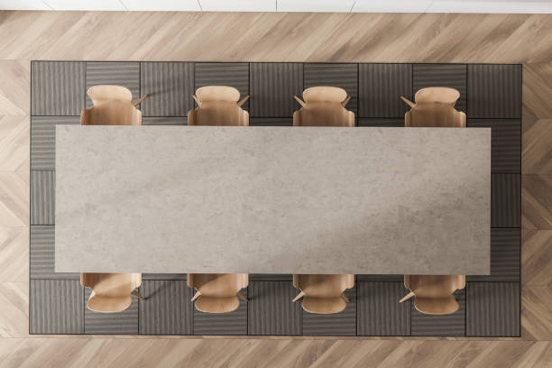 istock Top view of conference interior with table and chairs on parquet floor 1370512898