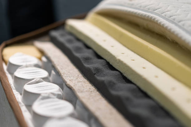 Mattress filler. Coconut coir, Nature para latex rubber, memory foam, independent spring. Mattress filler. Coconut coir, Nature para latex rubber, memory foam, independent spring. The concept of filling a mattress. Technology Concept broken spring stock pictures, royalty-free photos & images