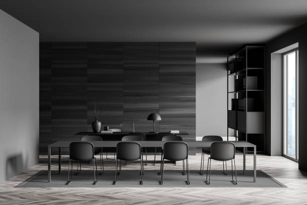 istock Dark grey discussion room with office desk 1370513819