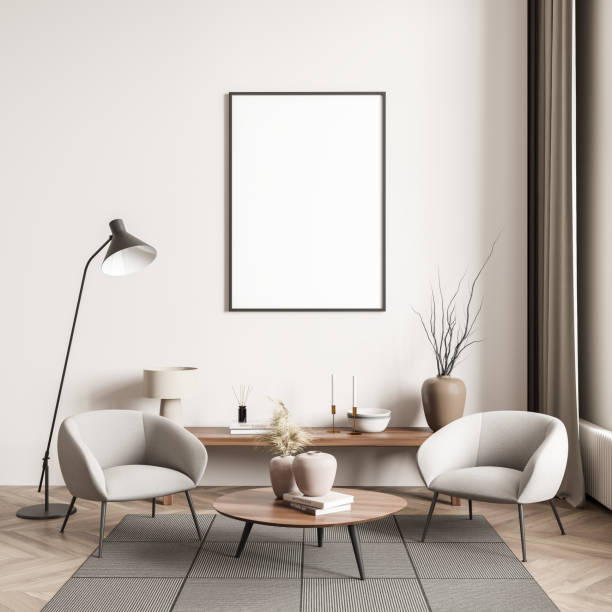 istock Light exhibition room interior with armchairs and coffee table, mockup poster 1370513893