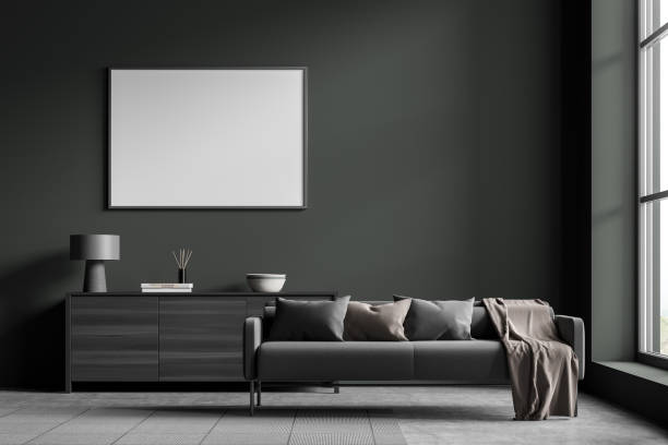 istock Dark living room interior with couch and commode, mockup poster 1370513991