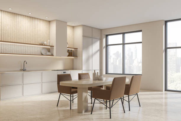 istock Light kitchen set interior with table and seats, shelves and panoramic window 1370514165