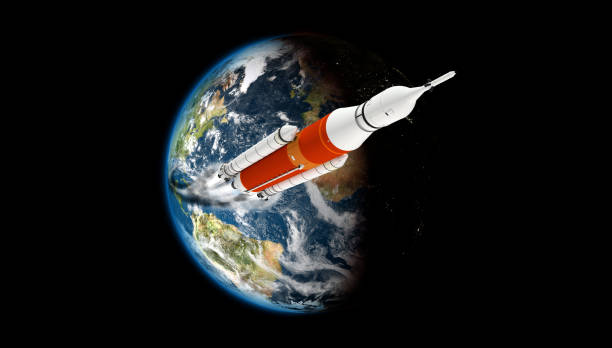US rocket going to the moon - model and maps furnished by NASA - 3D renderingearth map :https://visibleearth.nasa.gov/images/74218/december-blue-marble-next-generation