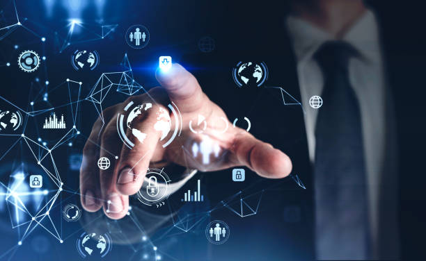 istock Businessman in black suit touching data security icons on virtual screen with digital interface by finger, internet connection icons. Concept of data security and protection of information 1370514283