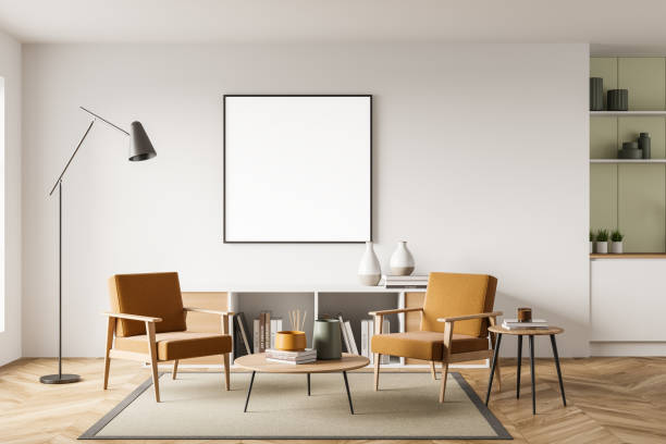 istock Light guest room interior with armchairs and drawer, mockup poster 1370514497