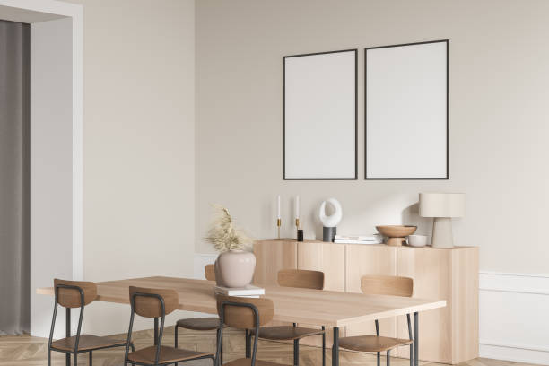 istock Light guest room interior with chairs, drawer with decoration, mockup posters 1370514764