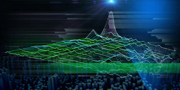 暗い上にワイヤーフレームグリッドを持つ抽象的な背景。分析研究アルゴリズムの視覚的提示ビッグデータ。技術3dコンセプト。 ビジネス、科学技術のためのバナー。 - geological feature audio ストックフォトと画像