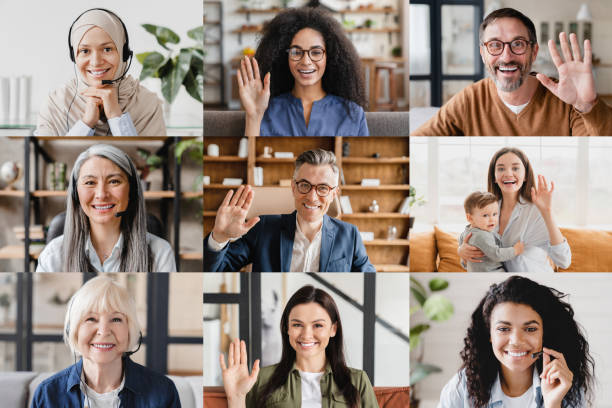 istock Business meeting conversation collage. Mockup for laptop tablet screen. Multinational colleagues talking on video call conference online. remote job, occupation work on distance. 1370516216