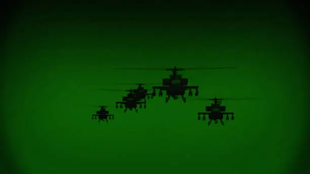 Apache AH-64 helicopters fly at night, night vision infrared.